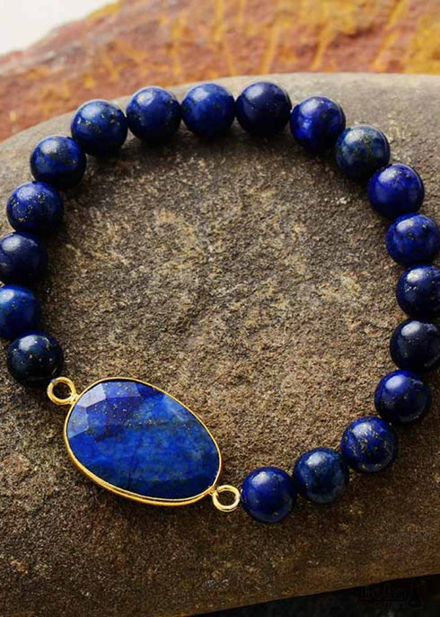 Boho Bracelet, Stretchy Bracelet, Blue Lapis Luzuli and Black Agate